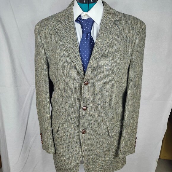 Jos A Bank Harris Tweed Sport Coat Brown Herringbone Blazer Scottish Wool 41L - Picture 1 of 10